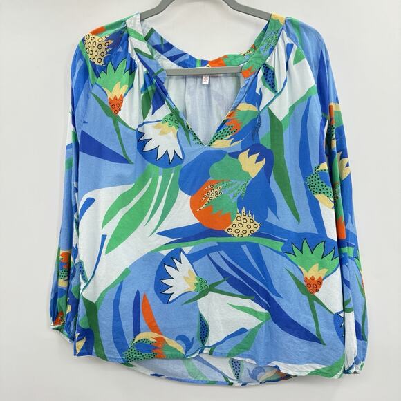 Jude Connally Lilith Printed Blouse Sz M Blue Tropical Floral Beach Cotton $148 - Picture 3 of 12